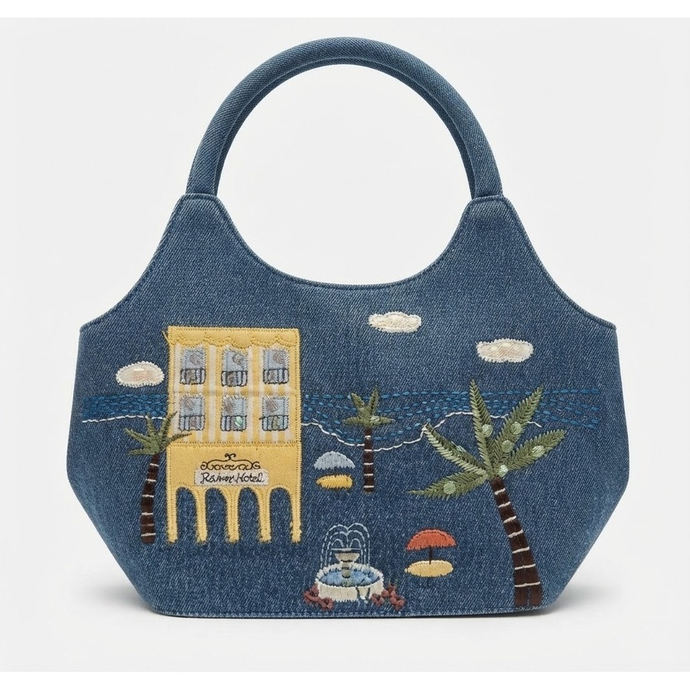 Forever by Fossil Denim Embroidered Forever Hotel Sequin Tropical Handbag Blue